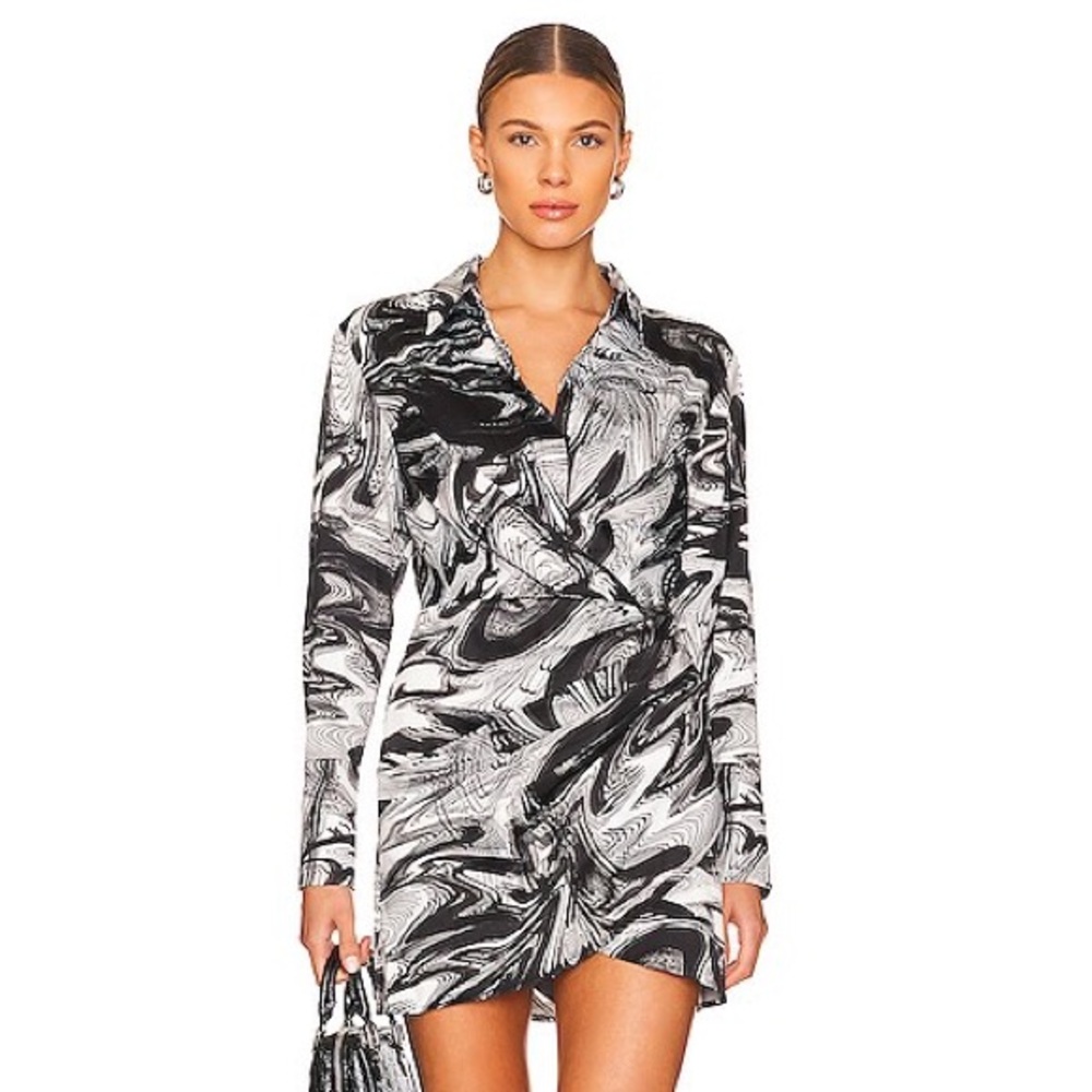Steve Madden Lucia Mini Dress Size 10 Black White Abstract Print Long Sleeve NWT